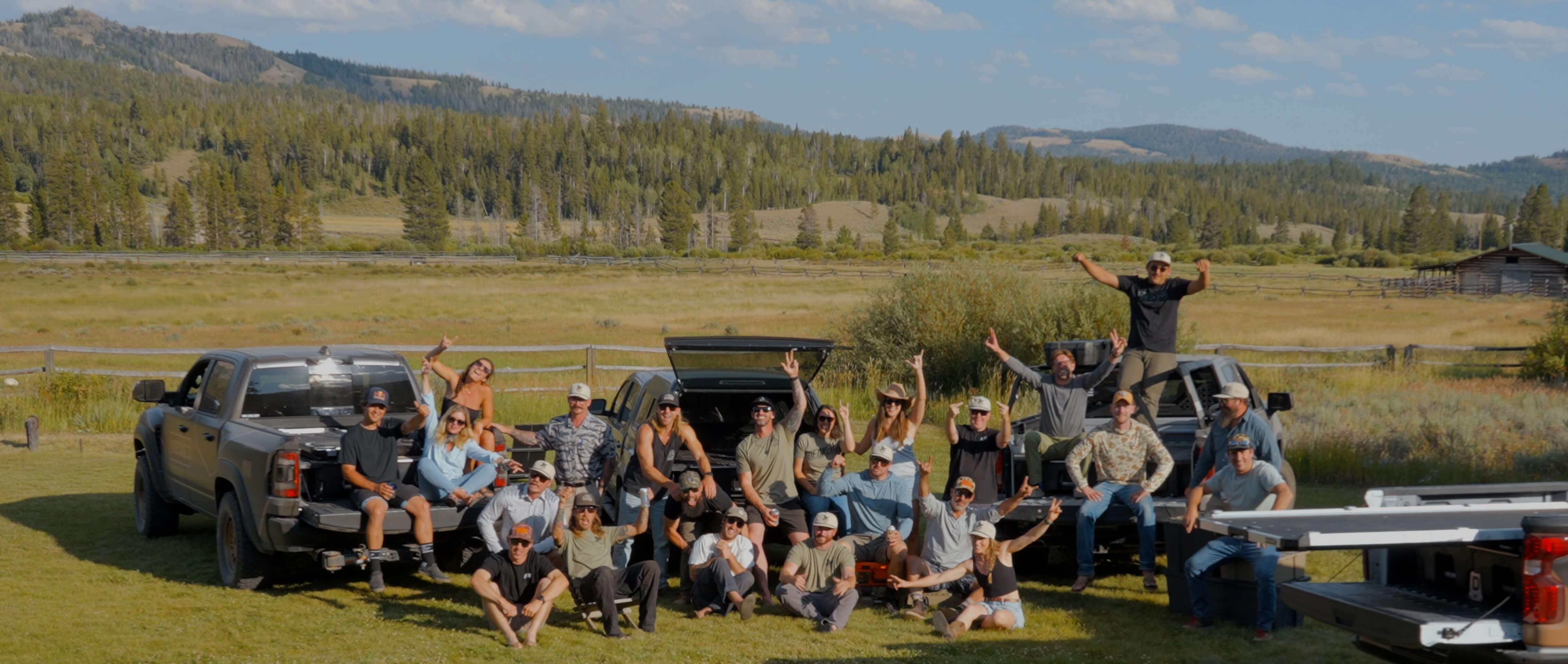 The DECKED Crew assembles for a photo on the ranch in Dubois, Wyoming. Wait a second, which one of these jokers put up their middle fingers?