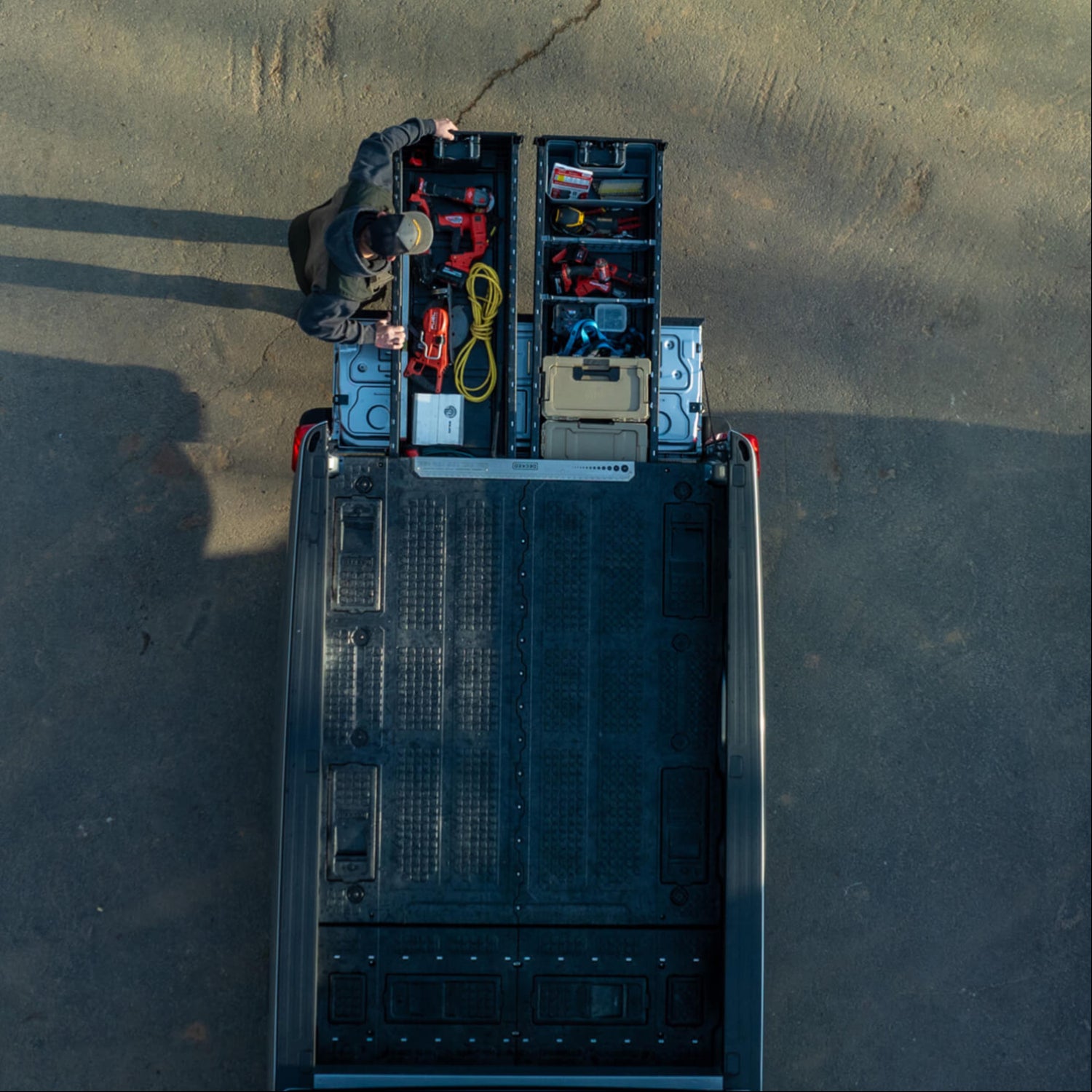 A bird's eye view of the Drawer System for 8' truck beds. The storage solution comes with a 6.5 foot Drawer System and the 8' Load Floor that adds more deck length to fill the entire 8' bed.