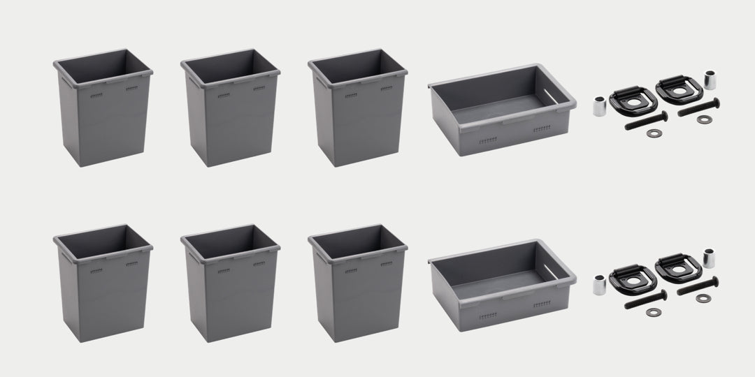 An array of images of the accessories that come with the Base Accessory Pack for the Drawer System for 8ft beds. The pack includes 6 deep stash bins, 2 shallow stash bins, and 4 d-ring tie downs.