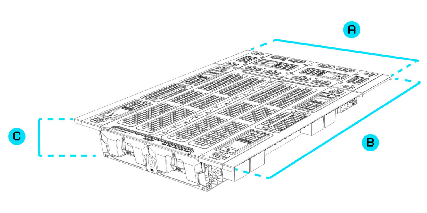 A technical, engineering drawing of the Load Floor with labels of A, B, and C which correlate to the width, length, and height of the Drawer System for 8ft trucks.