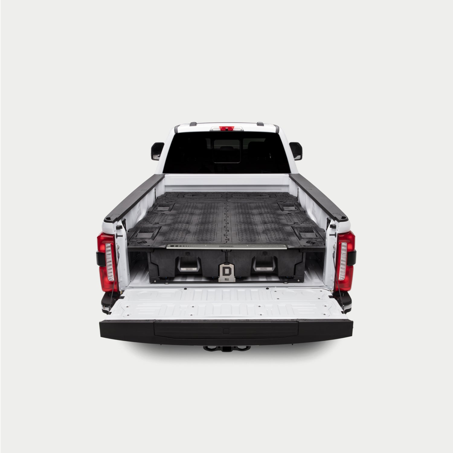 An 8 foot bed truck with the Drawer System and Load Floor that spans the full bed of the truck.