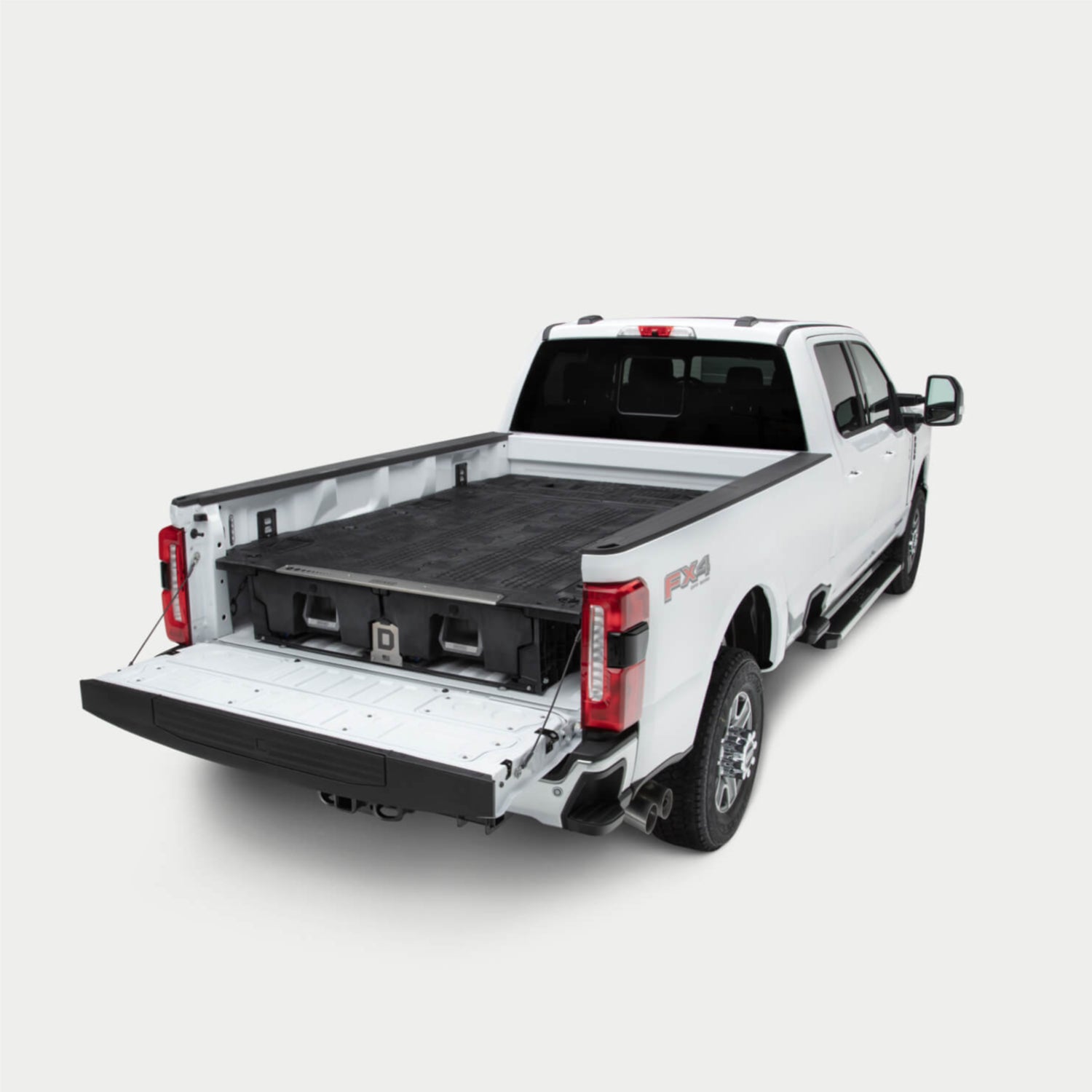 An 8 foot bed truck with the Drawer System and Load Floor that spans the full bed of the truck.