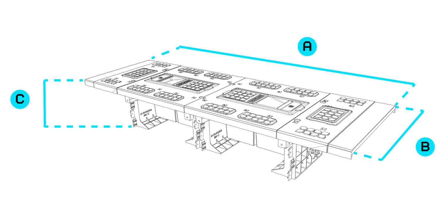A technical, engineering drawing of the Load Floor with labels of A, B, and C which correlate to the width, length, and height of the 8ft Load Floor.