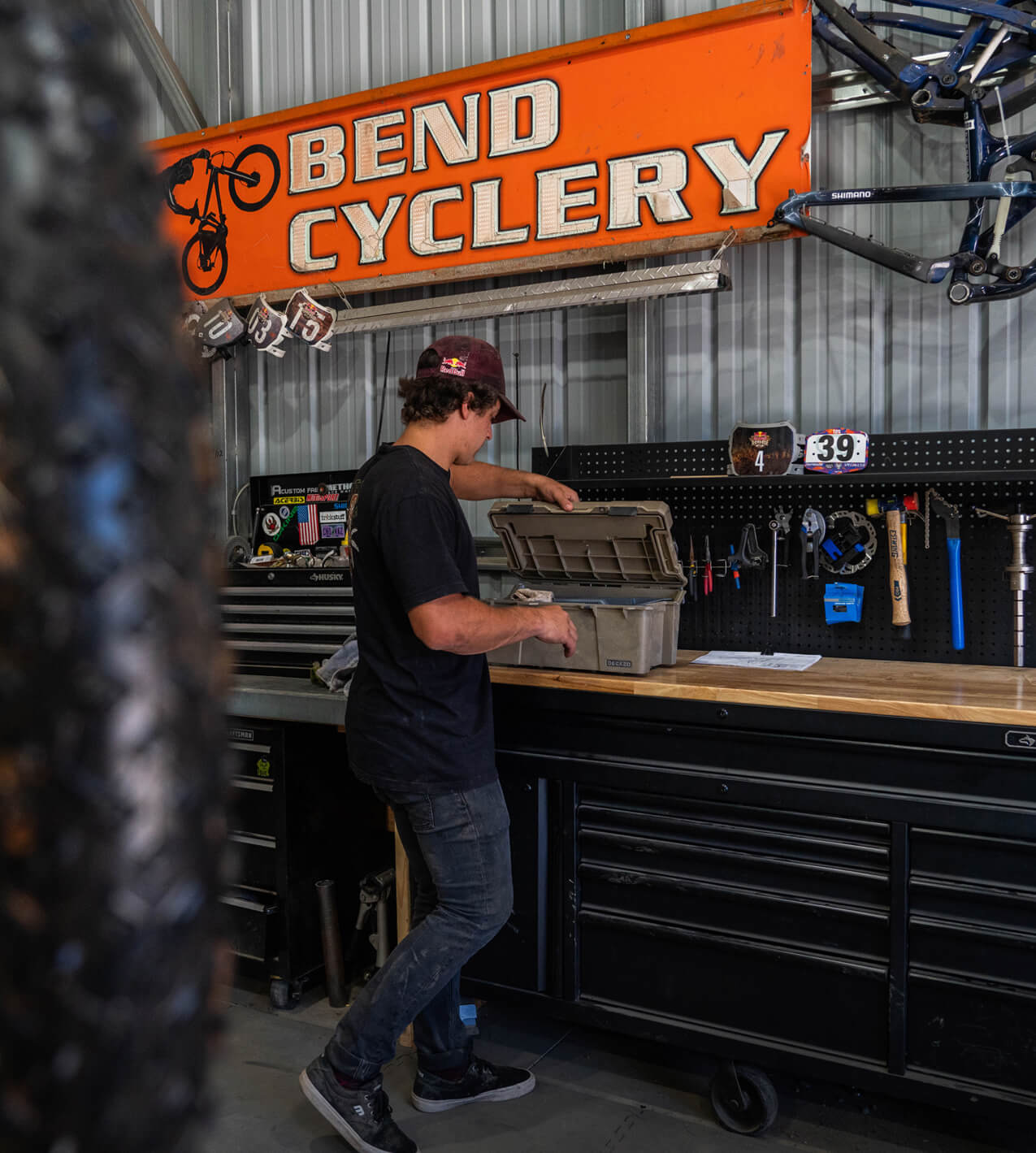 Clean bench, clean mind. Carson’s work bench is more dialed than a Times Square pay phone, circa 1987. And when he needs to move tools and gear around, he uses DECKED D-co Cases.