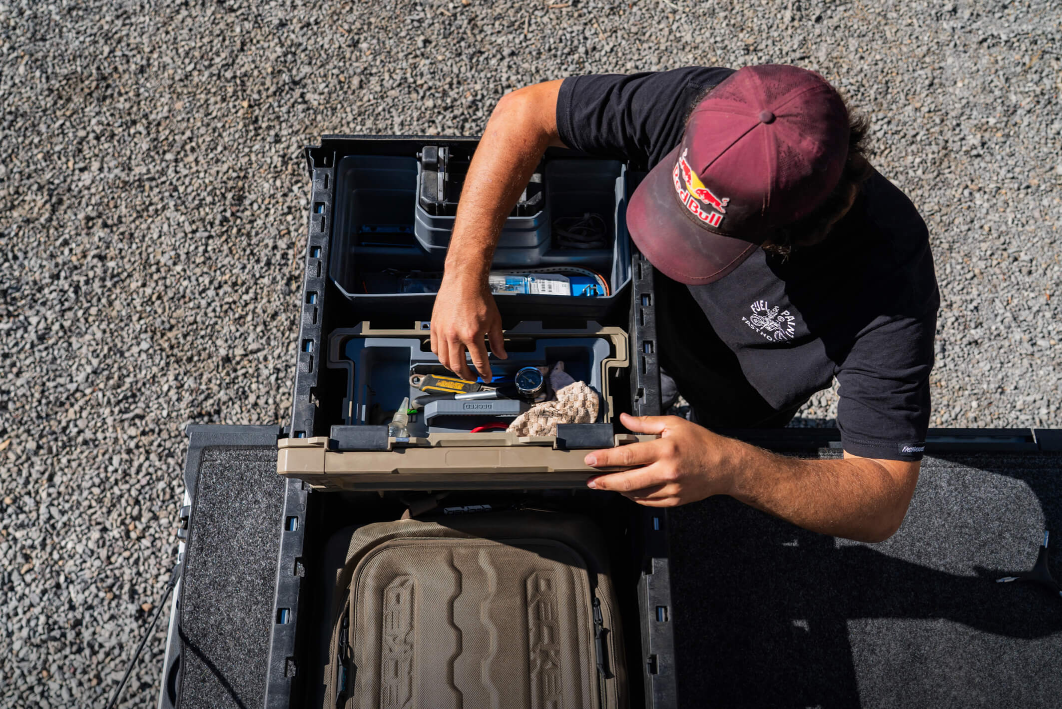 How does Carson keep everything running? His trusty DECKED Drawer System. Brake pads, shocks pumps, lube, and rags are never far away when you’ve got DECKED.