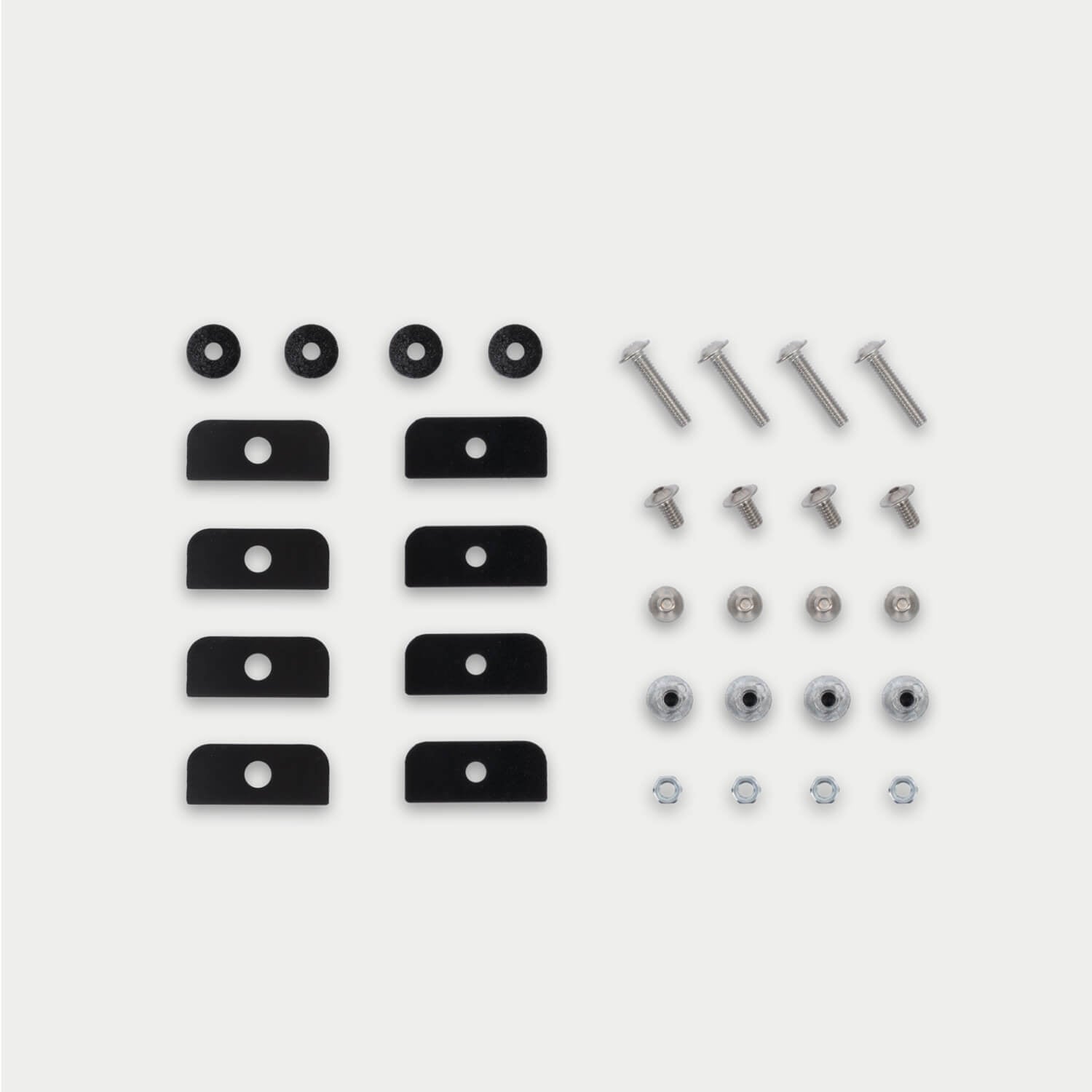 All of the nuts and bolts that make up the D-co Mounting Kit to CargoGlide for Honcho storage case.