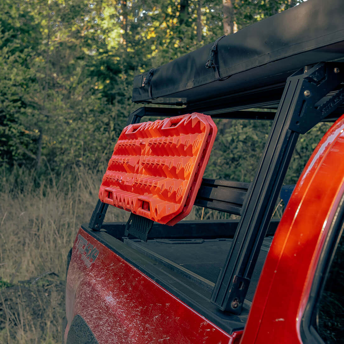 Red vehicle light cover on a red vehicle with a forest background