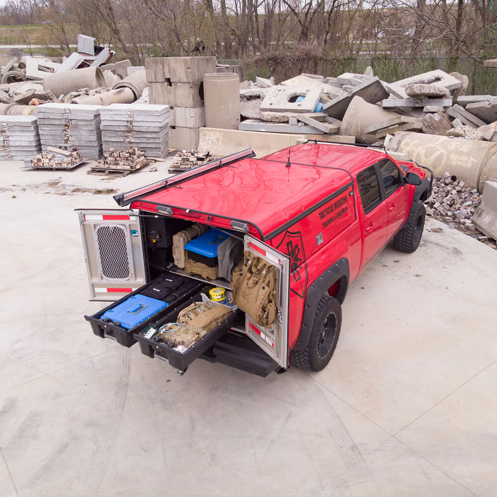 overhead view of a drawer system organizing paramedic gear