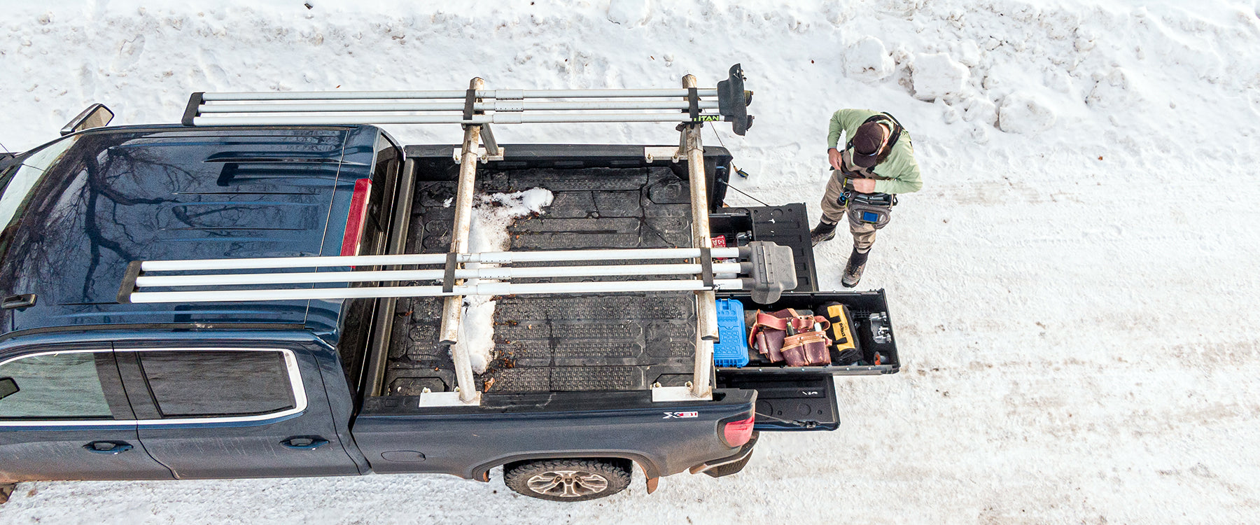 decked drawer system in a truck in the snow
