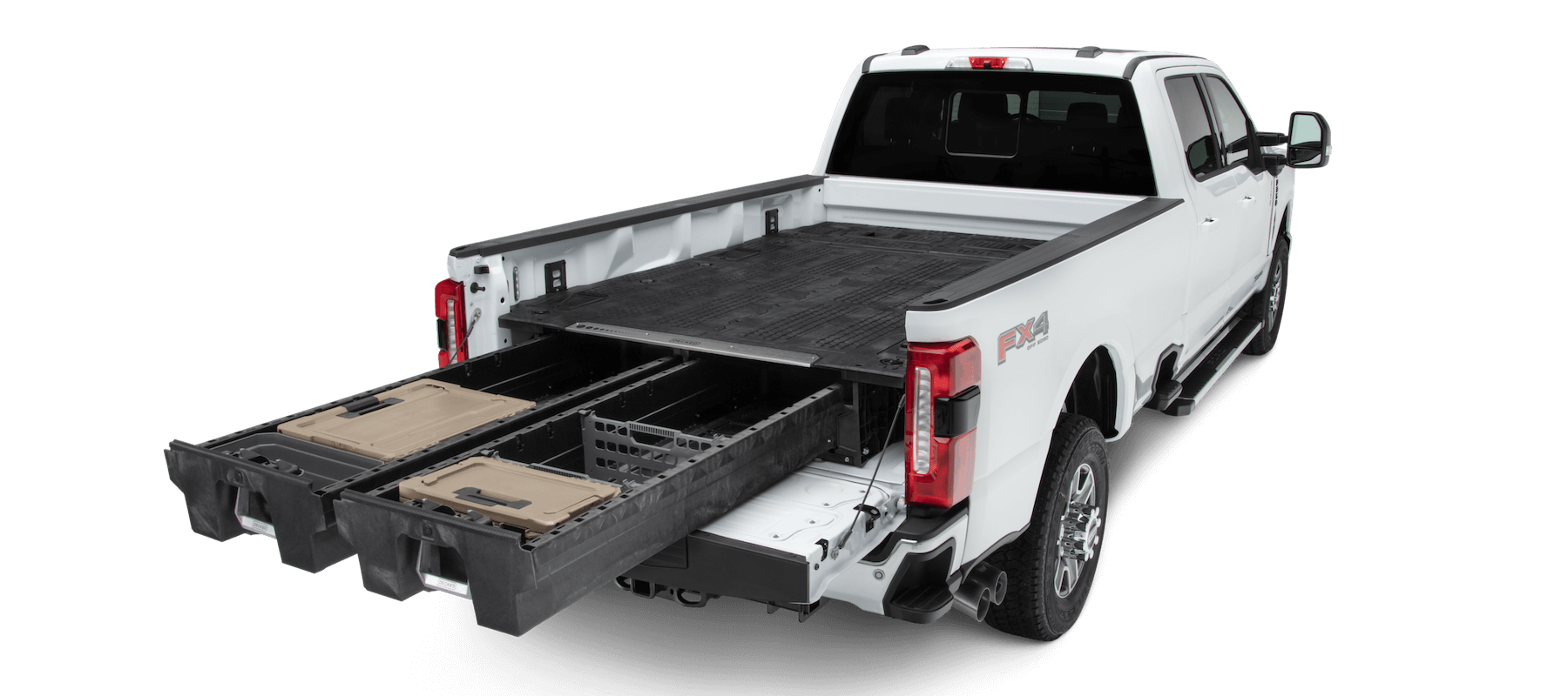 An 8 foot bed truck with the Drawer System and Load Floor that spans the full bed of the truck. The Drawers are fully extended with D-co cases and other Drawer System accessories inside.