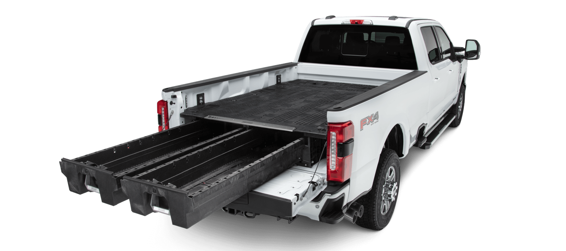 An 8 foot bed truck with the Drawer System and Load Floor that spans the full bed of the truck. The Drawers are fully extended with nothing inside.