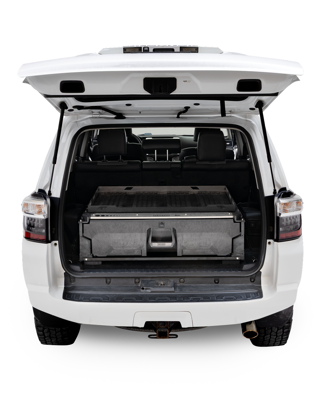 DECKED drawer system installed in the back of a white 4Runner.