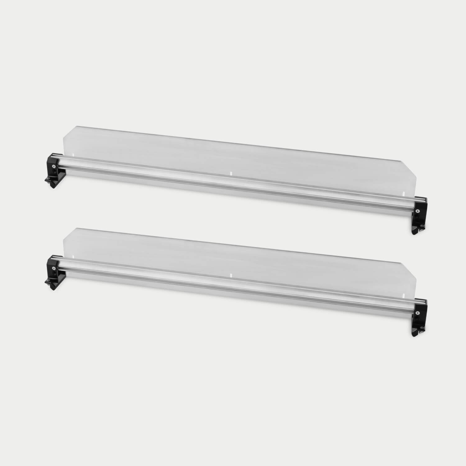 Two Crossbars with Dividers mounted to them. The Crossbars and Dividers span the width of the CargoGlide to make the tray of your CargoGlide configurable to your needs. The Divider adds a height to your crossbar and is adjustable up and down.