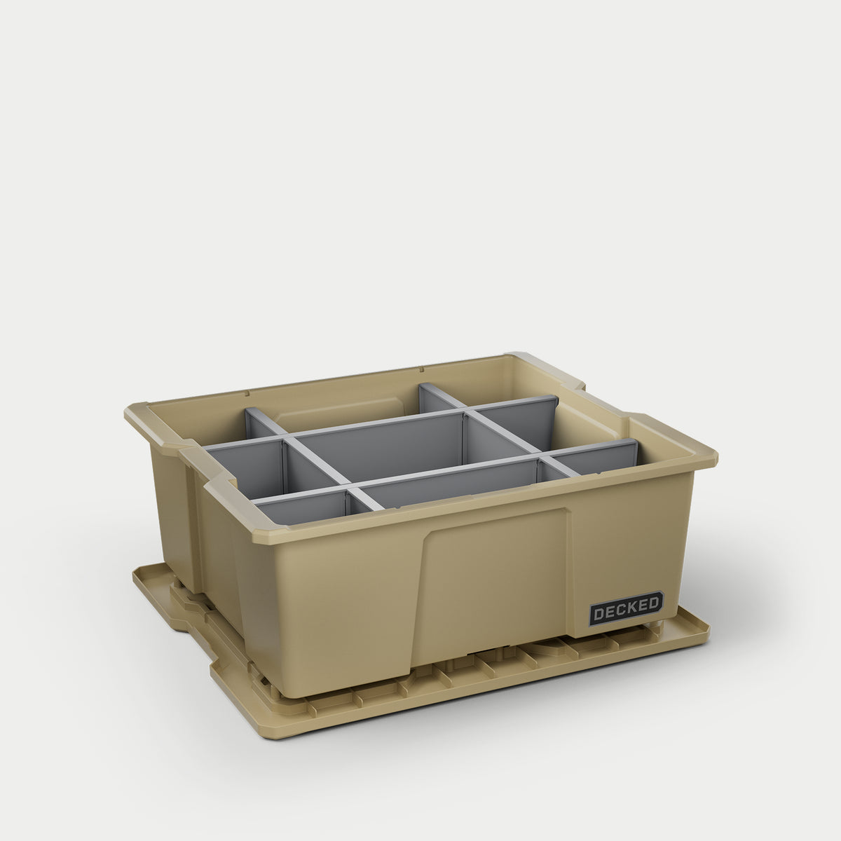 One tan DECKED Payloader bin with grey POD divider system inside of it.