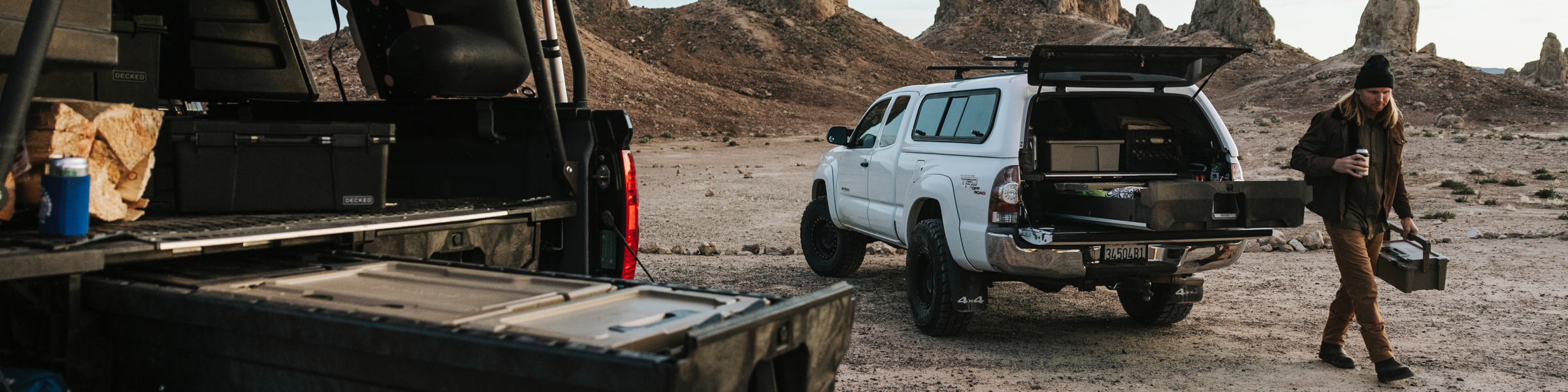 Trucks in the desert with Drawer Systems open.