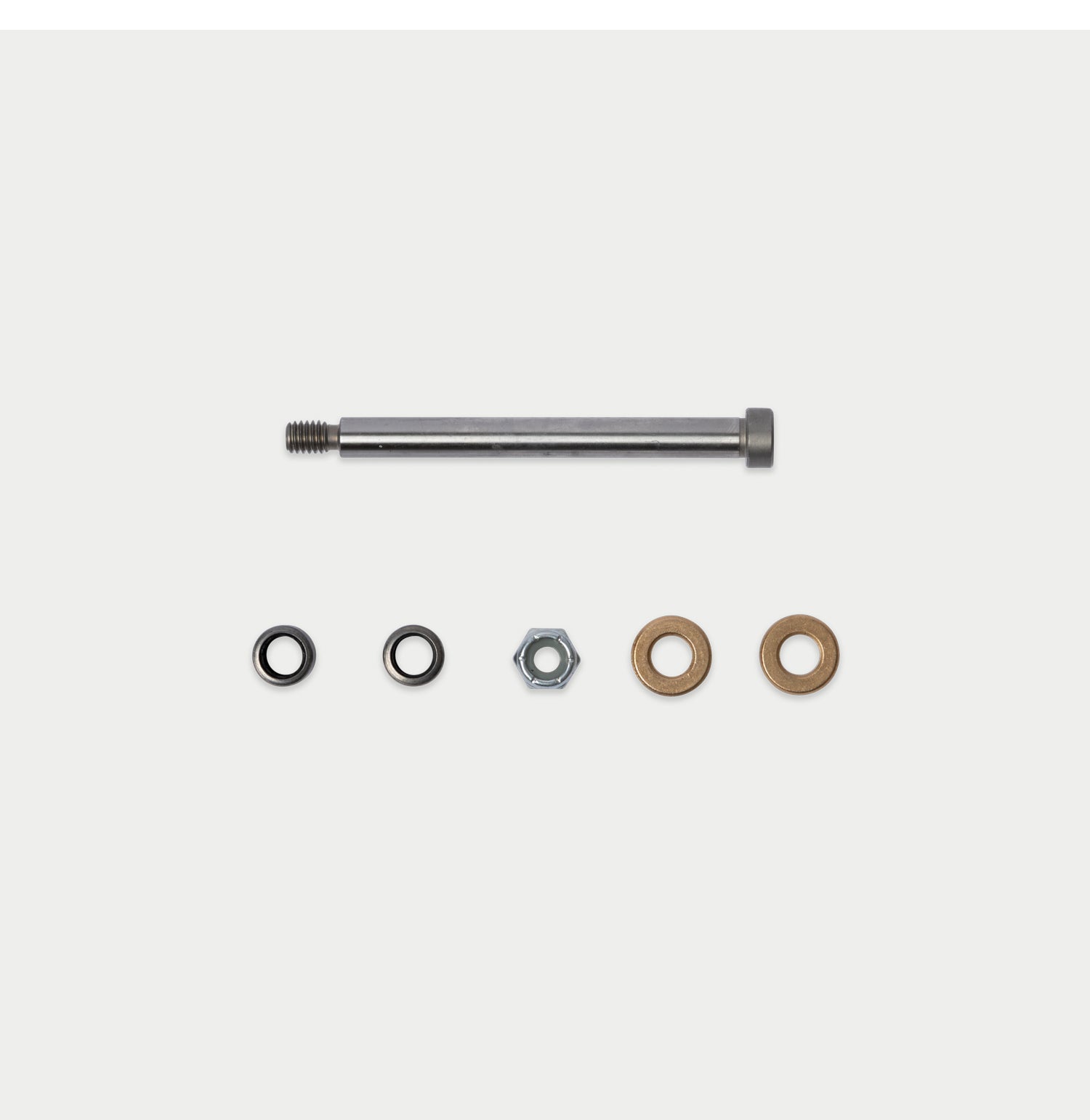A metal threaded rod or pin with a hex head, shown above four small hardware fasteners and washers on a light gray background.