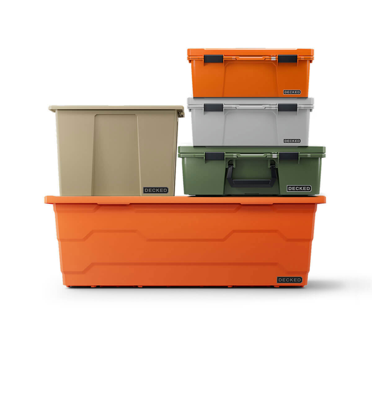 Stack of orange, gray, and green DECKED storage bins and protective cases on a white background