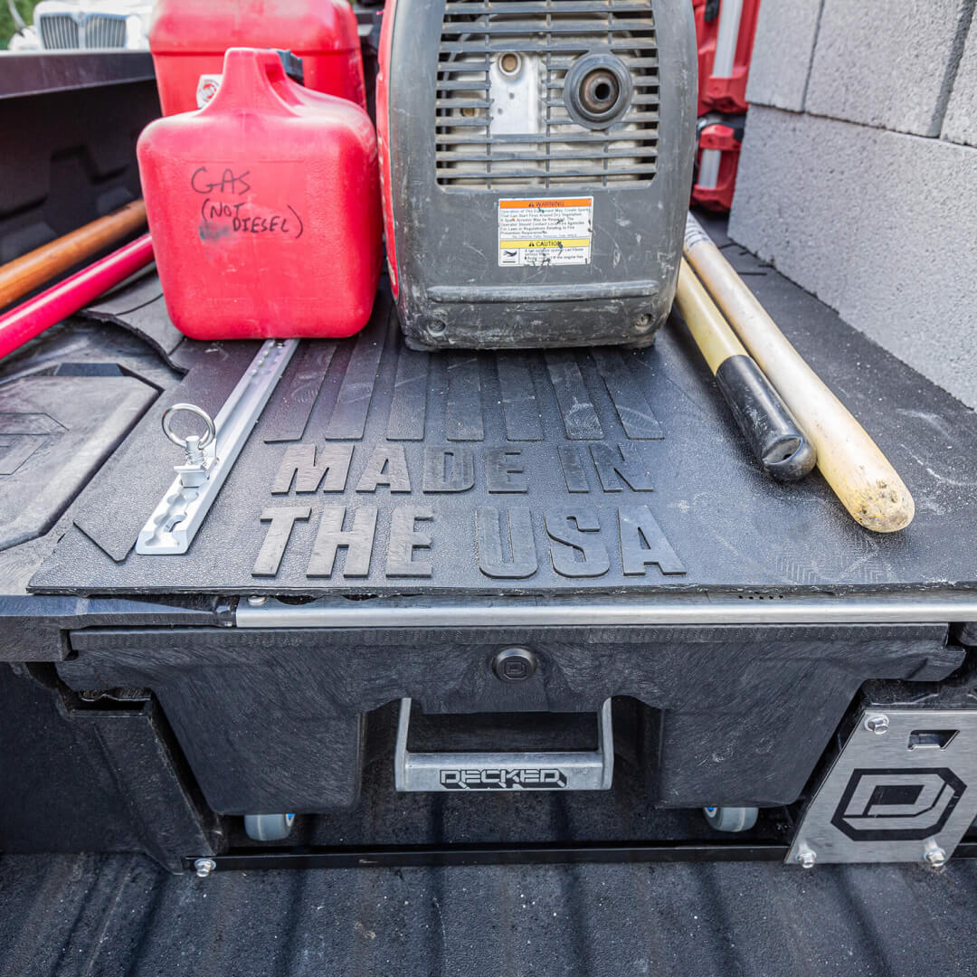 Closeup of a Truck Bed Battle Mat on top of a Drawer System
