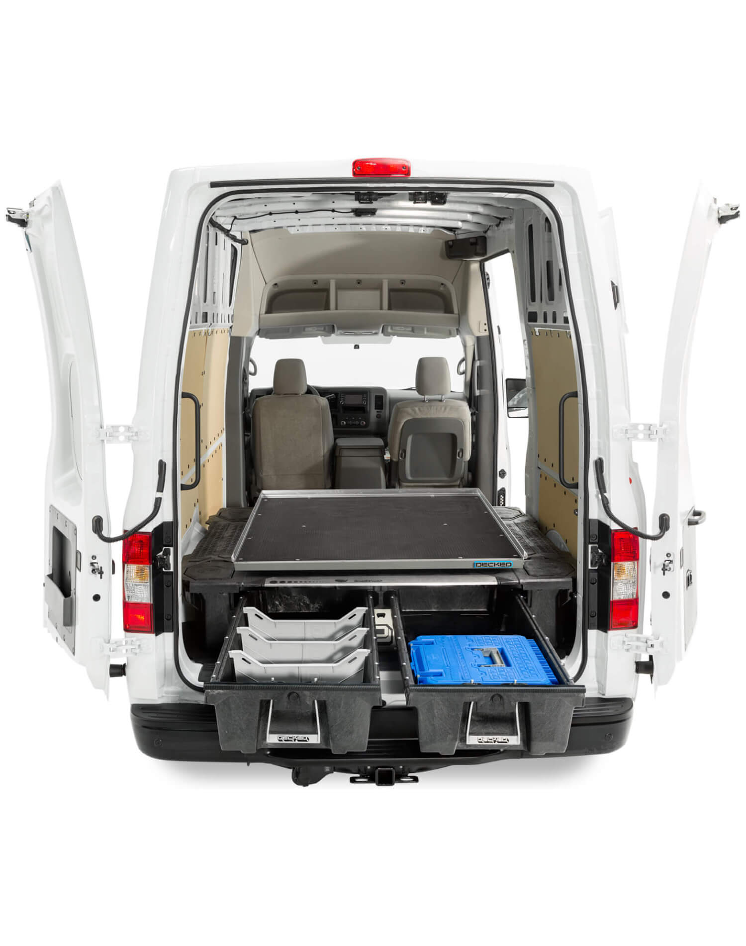 Studio image of a cargo van with CargoGlide and a drawer system