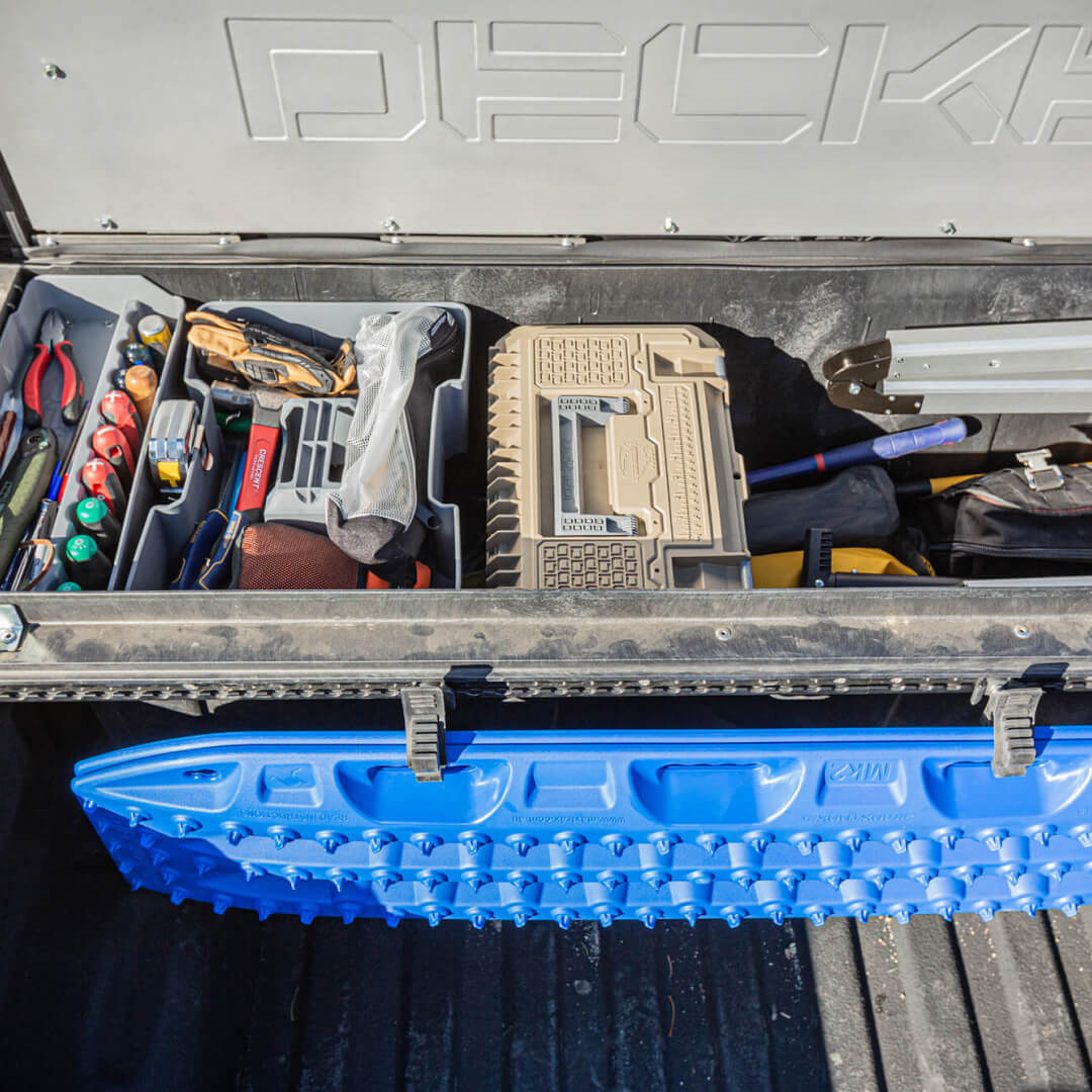 Core Clamps installed on Core Trax on the outside of a Tool Box