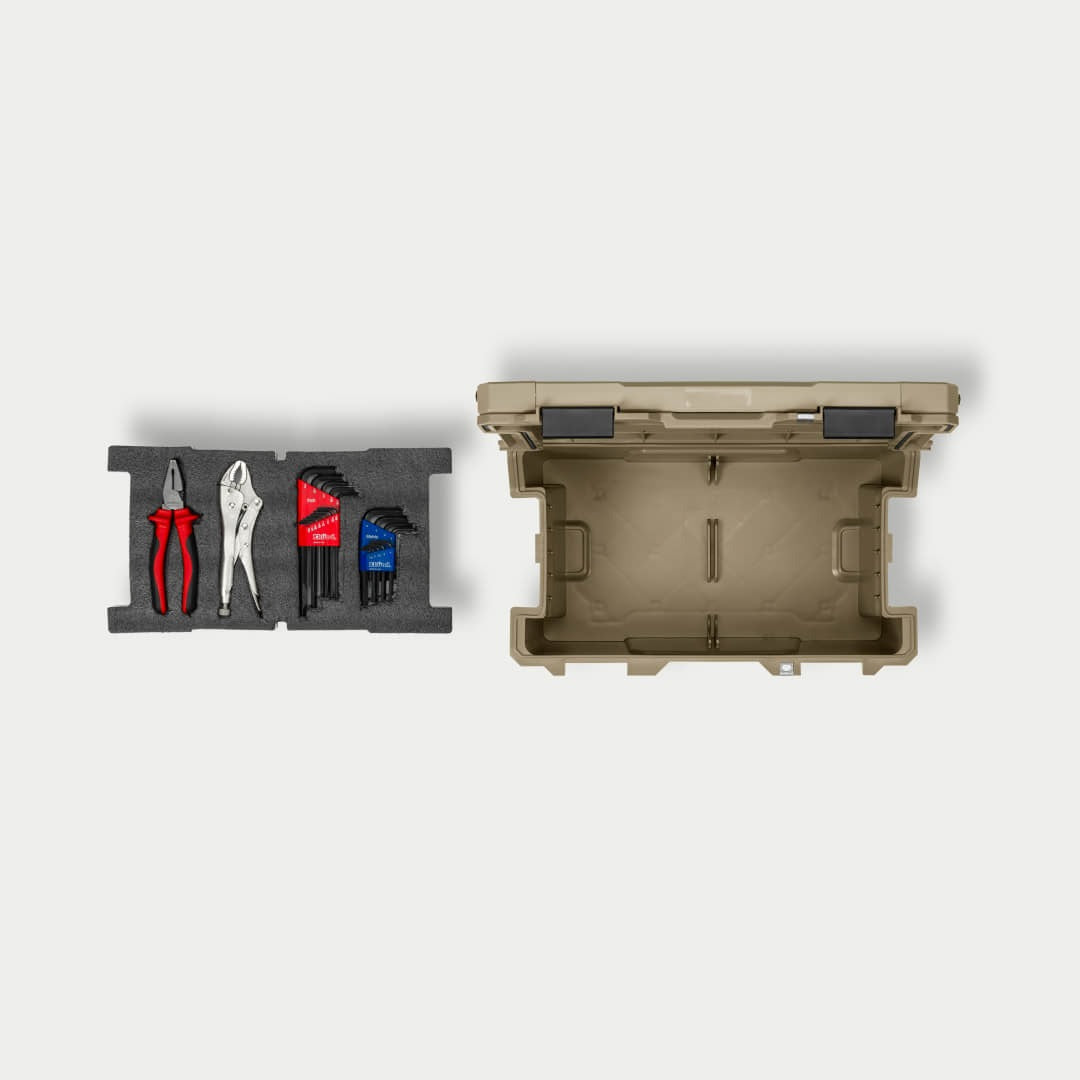 Tan Sixer open with Custom Foam for Sixer sitting next to it