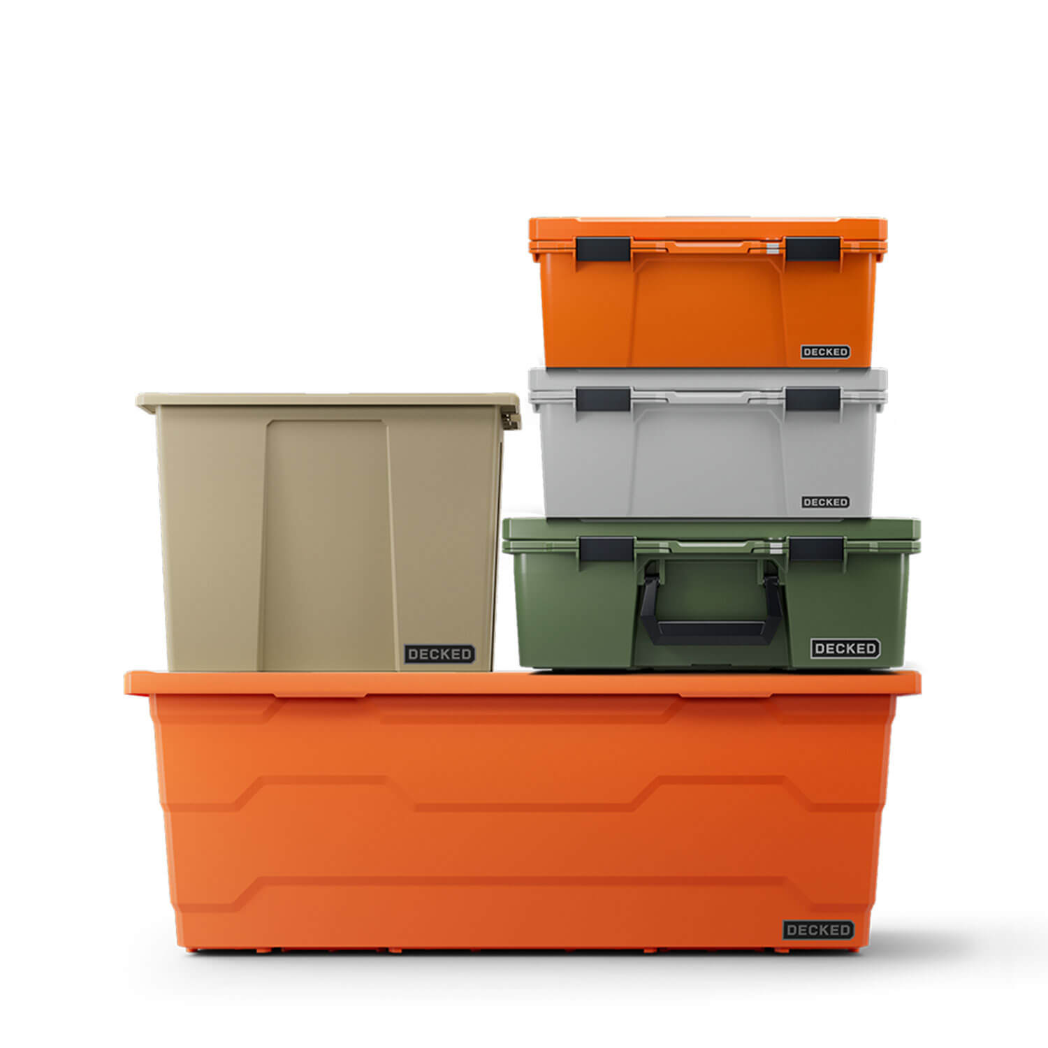 Stack of five DECKED storage bins and protective cases in different colors on a white background