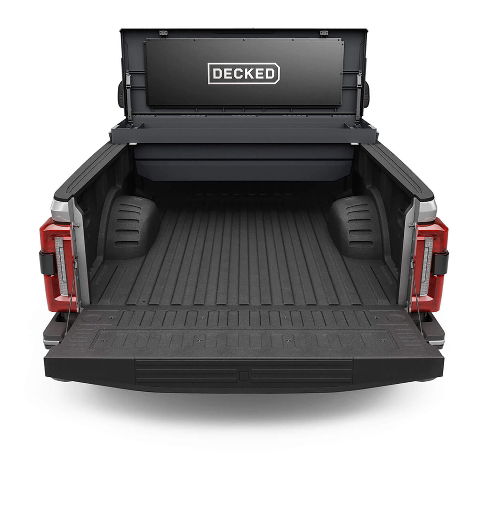 An open black Tool Box in the bed of a Ford F-350.