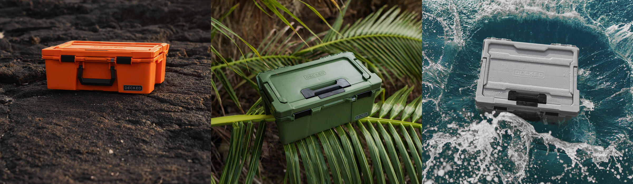 Three photos of the new D-co Case colors. First, a Blaze Orange Halfrack sitting on a lava floe. Second, a Ranger Green Sixer balancing on a palm frond. Finally, a Cool Gray Halfrack floating in clear blue water.