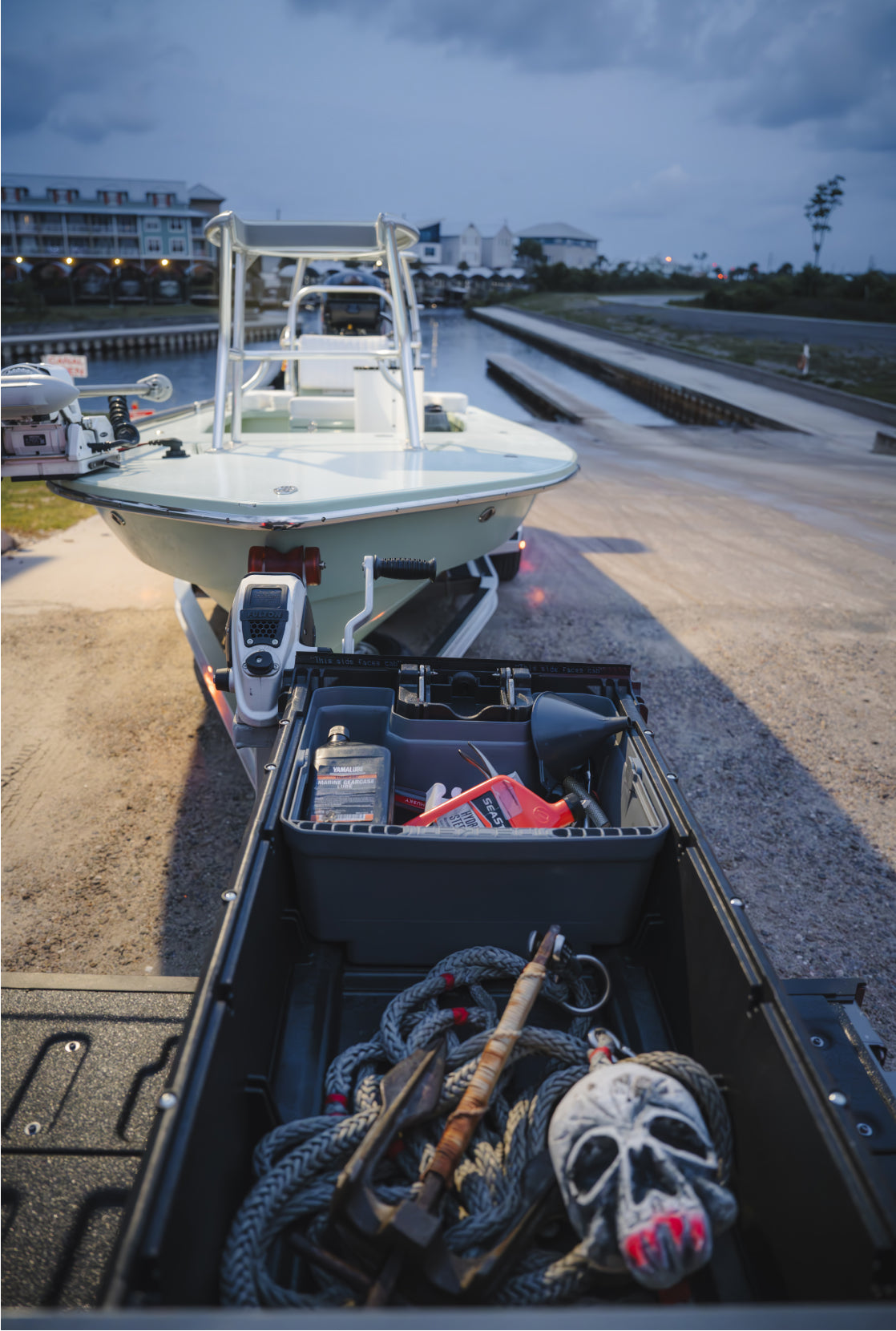 A shot of David Mangum's gear in his DECKED Drawer System at the boat launch first thing in the morning.