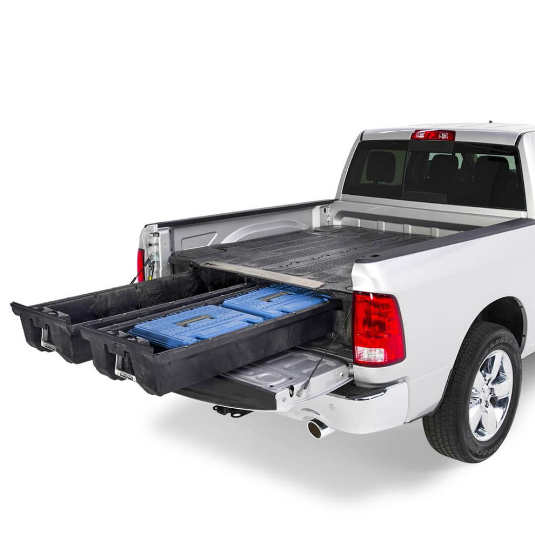 Blue D-boxes inside a Drawer system in a truck
