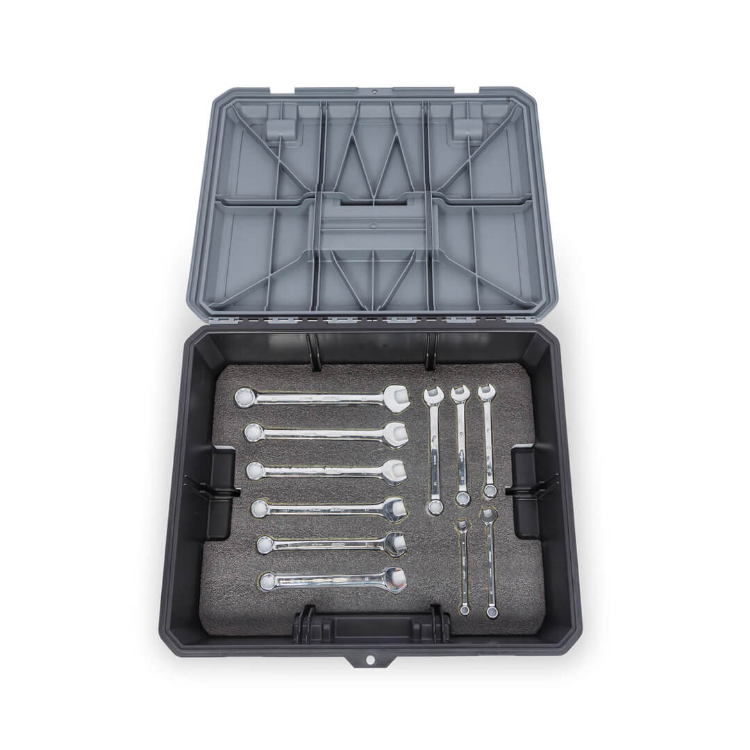 Grey D-box open with Custom Foam organizing wrenches