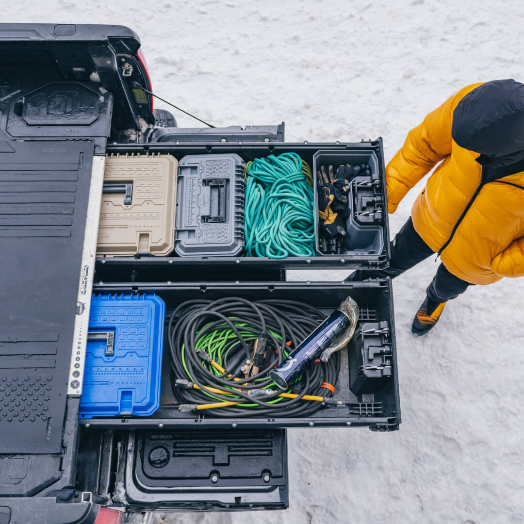Overhead view of Drawer System storing ice climbing tools