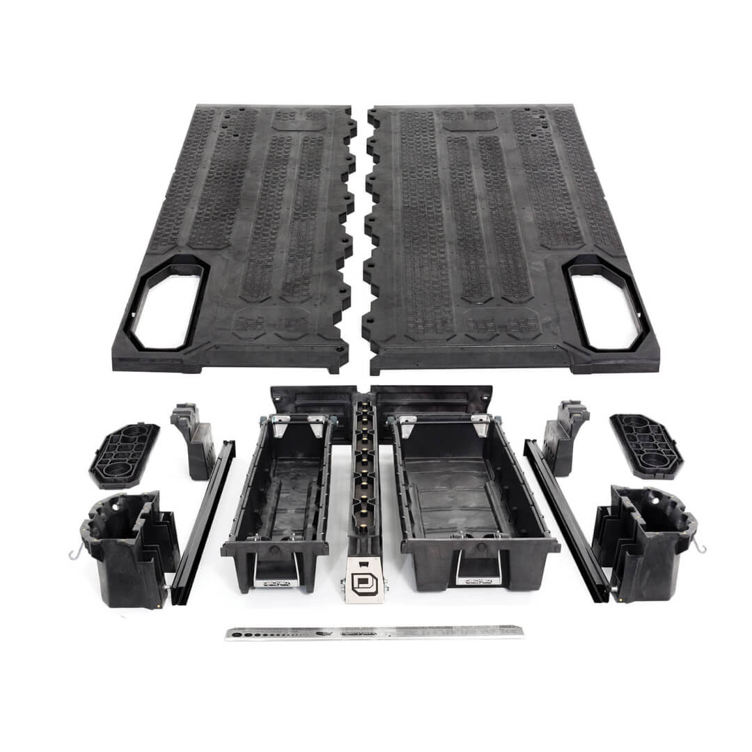 Deconstructed view of all the parts in a midsize Drawer System