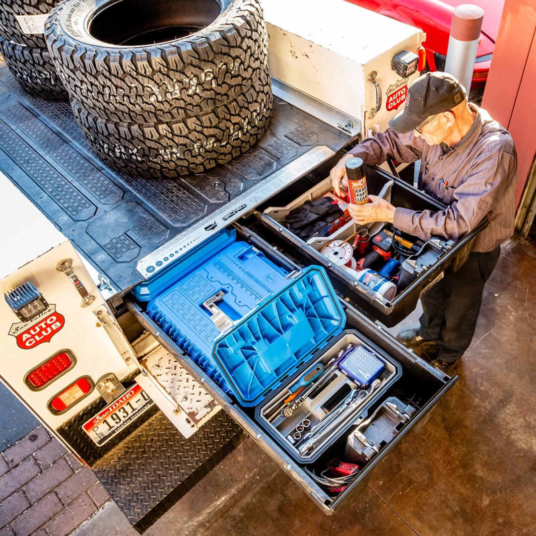 Overhead view of a Drawer System inside a Service Body being used for tool storage