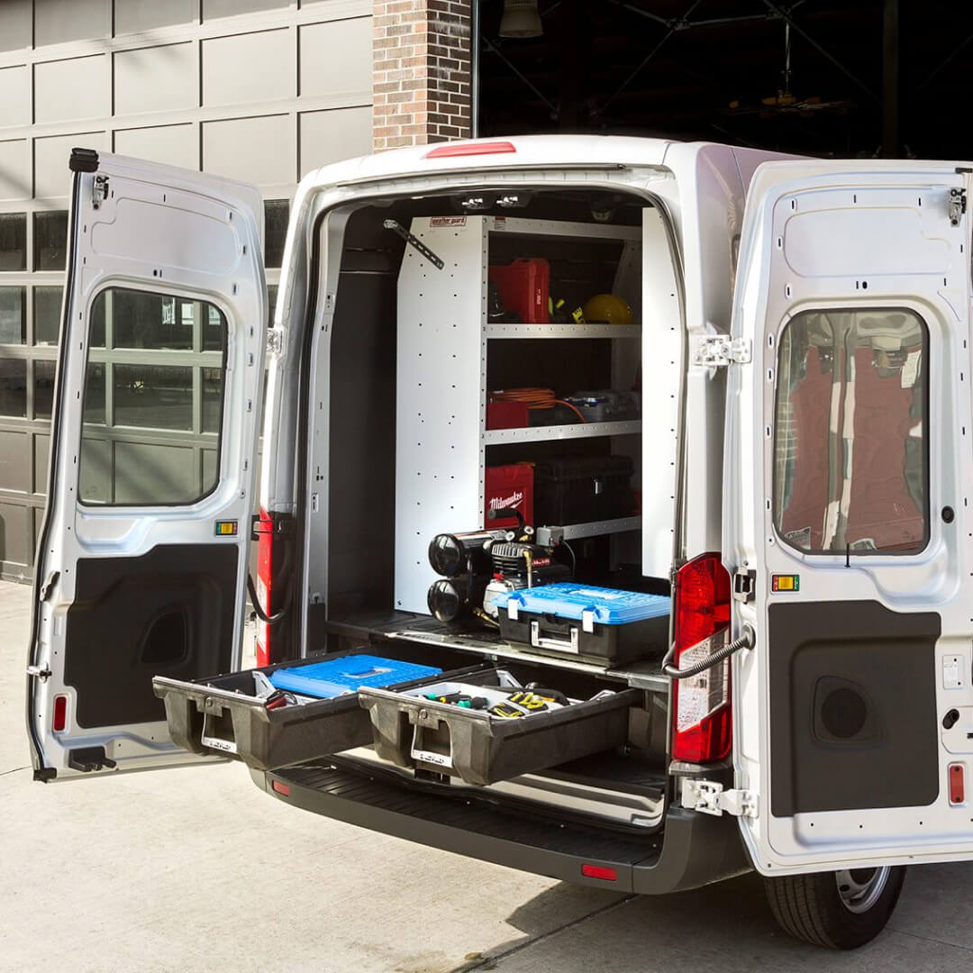 Drawer System in a cargo van with accessories and gear organized away