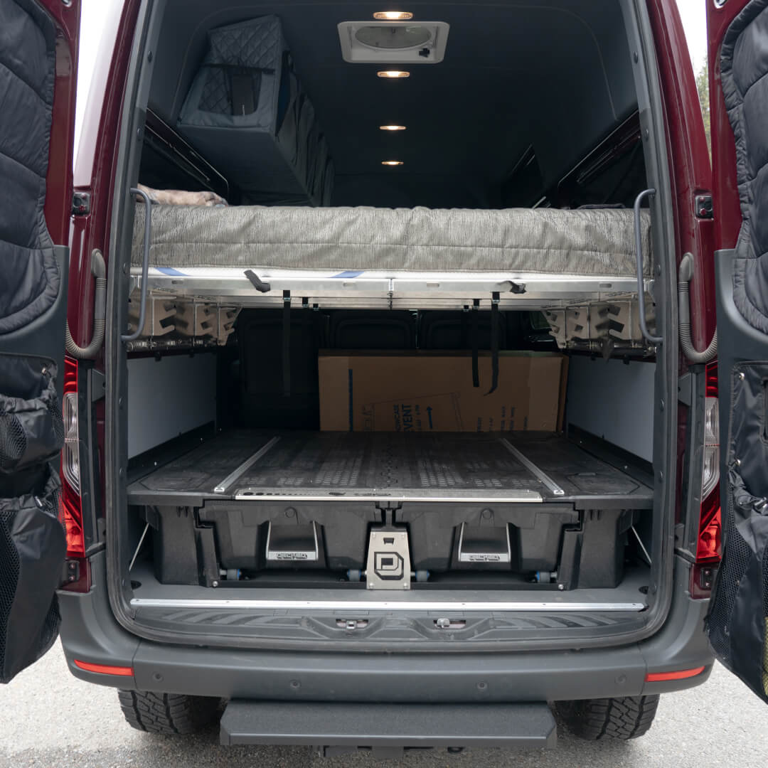 Drawer System inside an overland van being used for camping