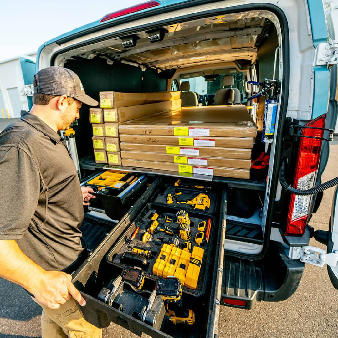 Drawer System inside a cargo van storing power tools