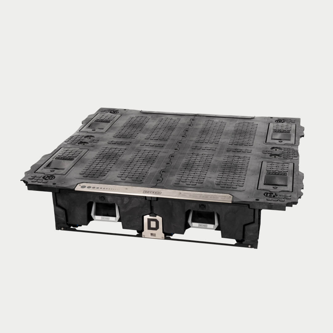 Angled image of a full-size Drawer System outside of the truck bed.
