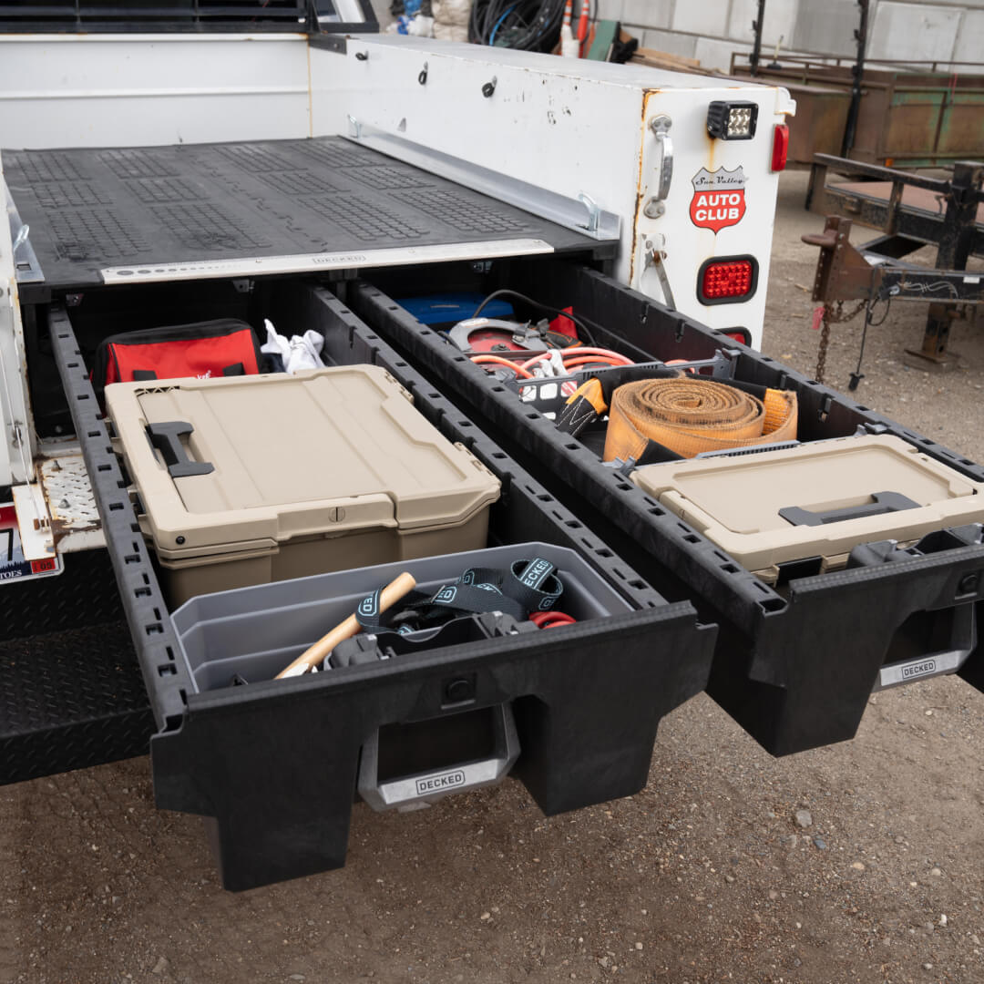 An open Drawer System for service vehicle full of tools and D-co Cases.