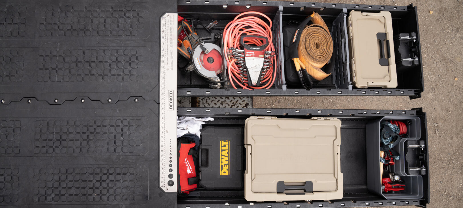A bird's eye view of a  Drawer System well-organized with D-co Cases, Drawer Dividers, and plenty of tools and tool cases.