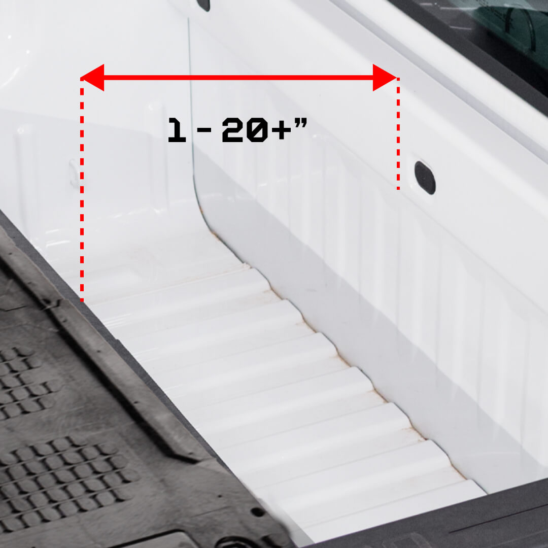 Fitment overview of the Drawer System for 8 foot bed trucks, illustrating that there is a 1 to 20 inch gap between the end of the Drawer System and the truck's cab depending on the length of the service body truck's bed.