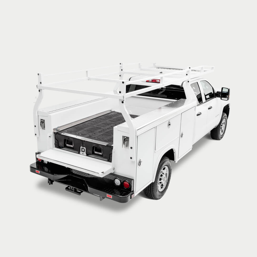 Angled image of a service body truck with a Drawer System in the bed.