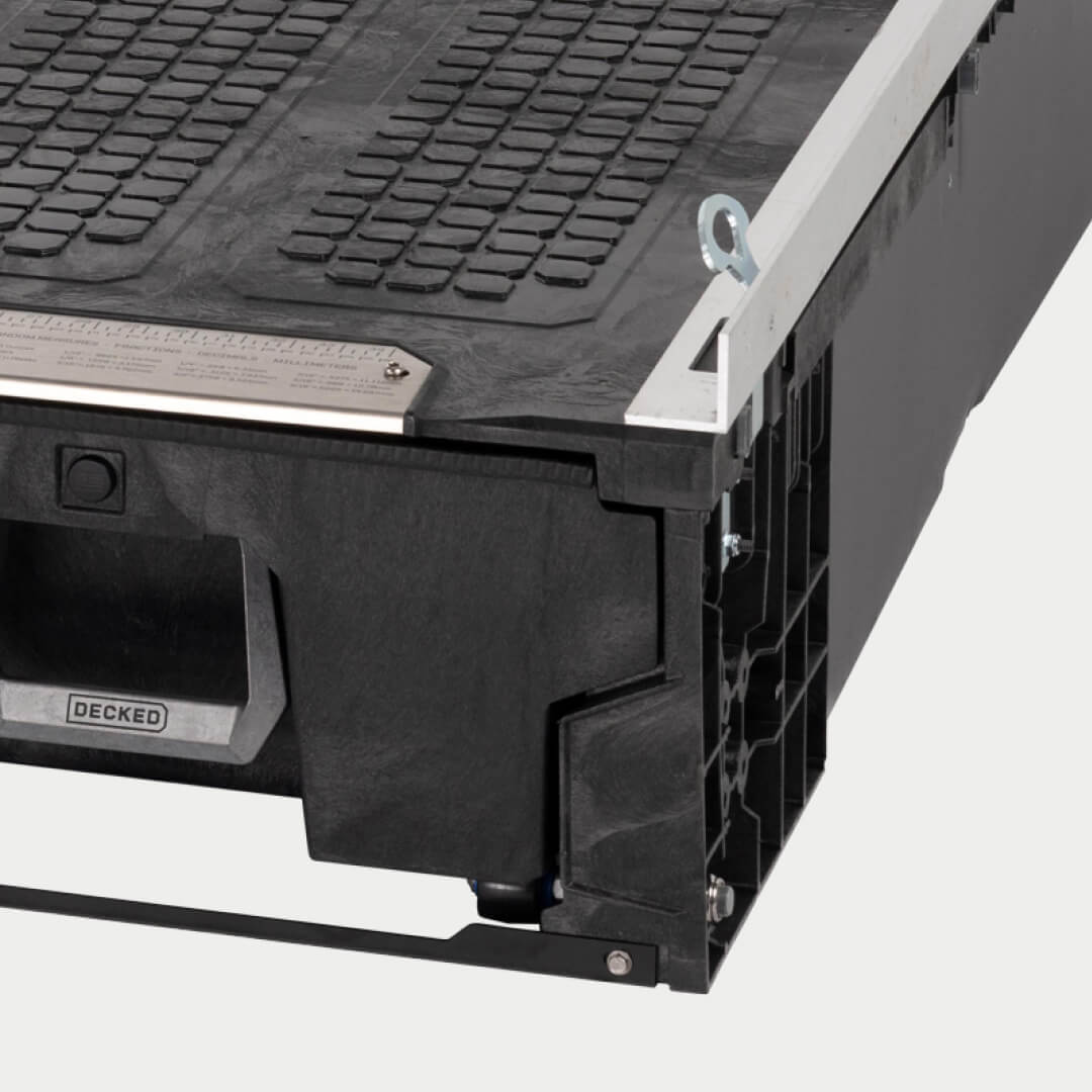 Closeup of drawers and tie-downs on the service body Drawer System.