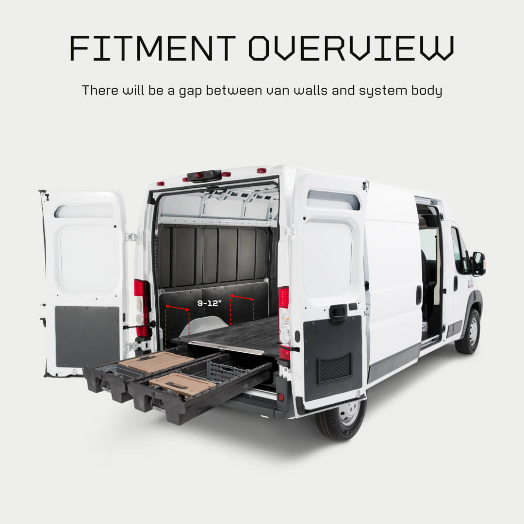 Fitment overview of the Drawer System for cargo vans, illustrating that there is a 9 to 12 inch gap between the side of the Drawer System and the van's walls.