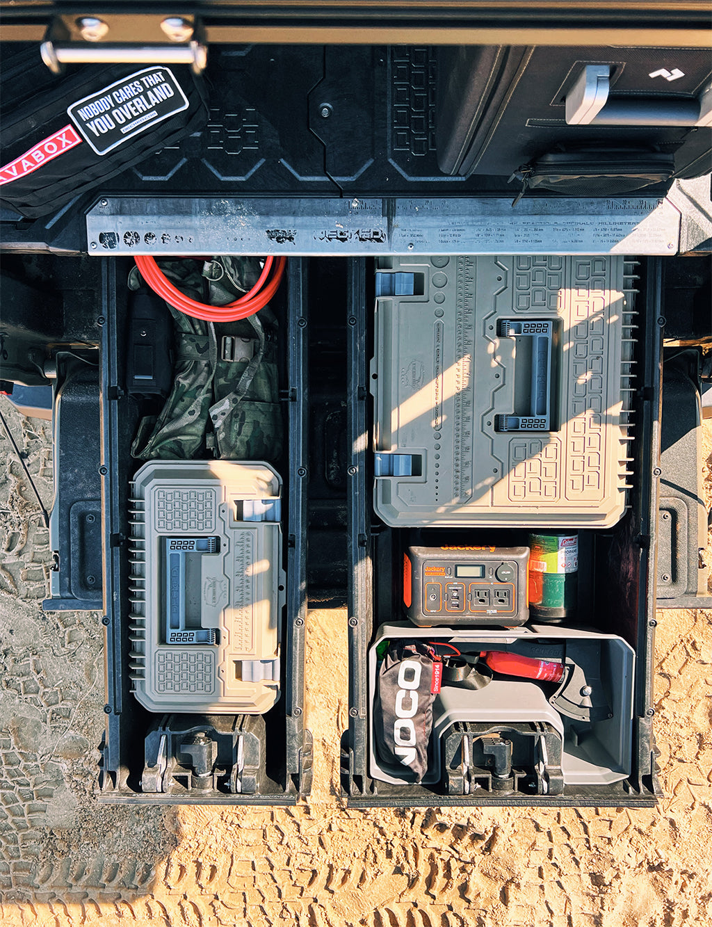 overhead view of decked drawers organizing fishing gear