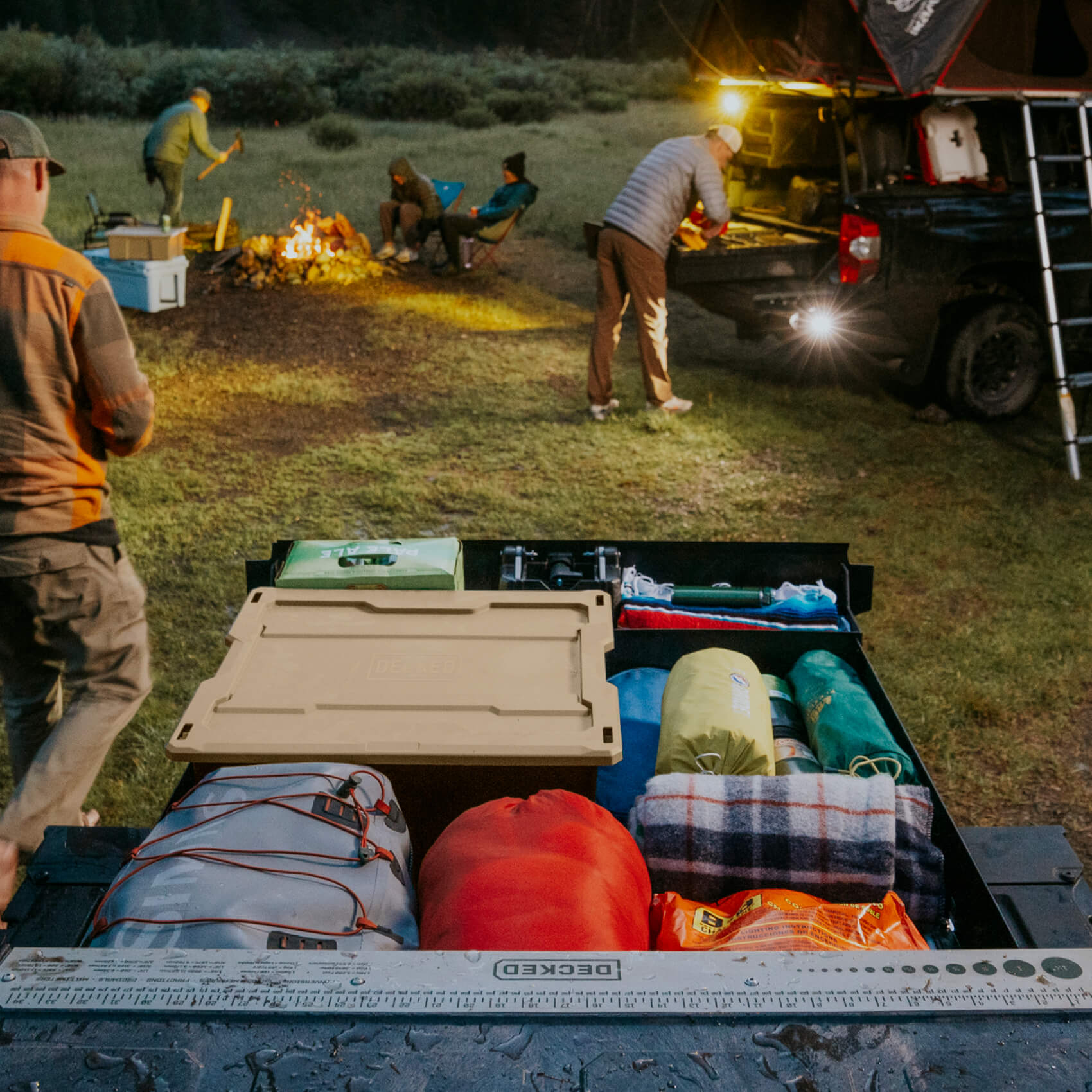 midsize drawer system open with camping gear in the back