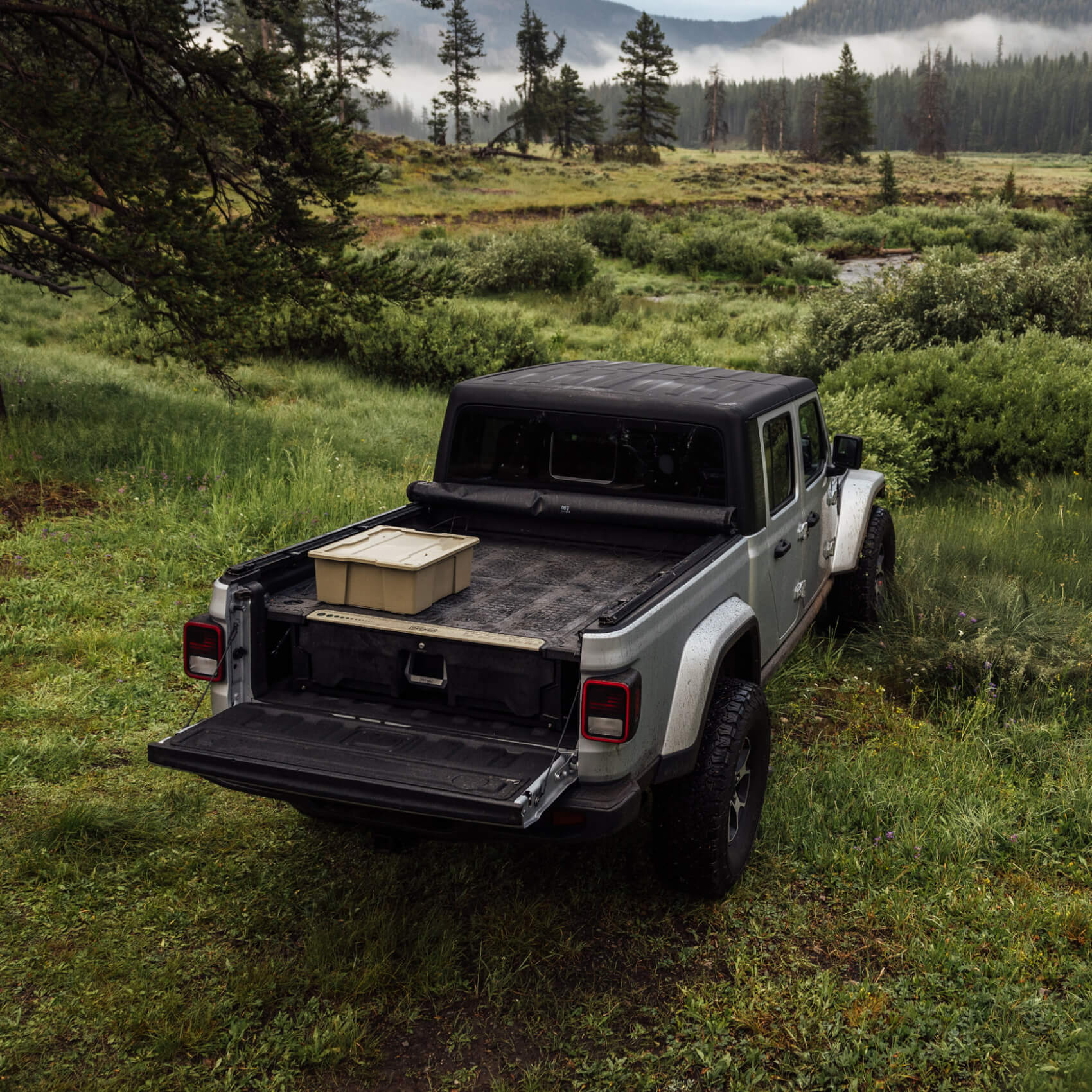 back of a jeep gladiator in a field in the mountains