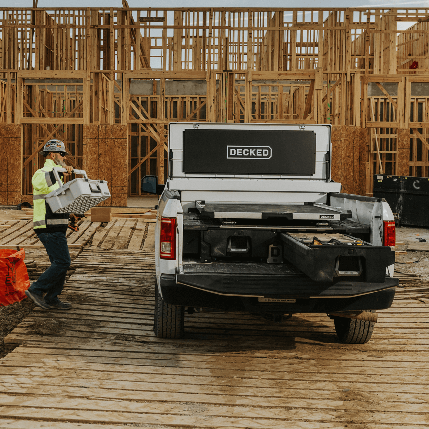 Drawer System with a Tool Box in a white truck at a construction site