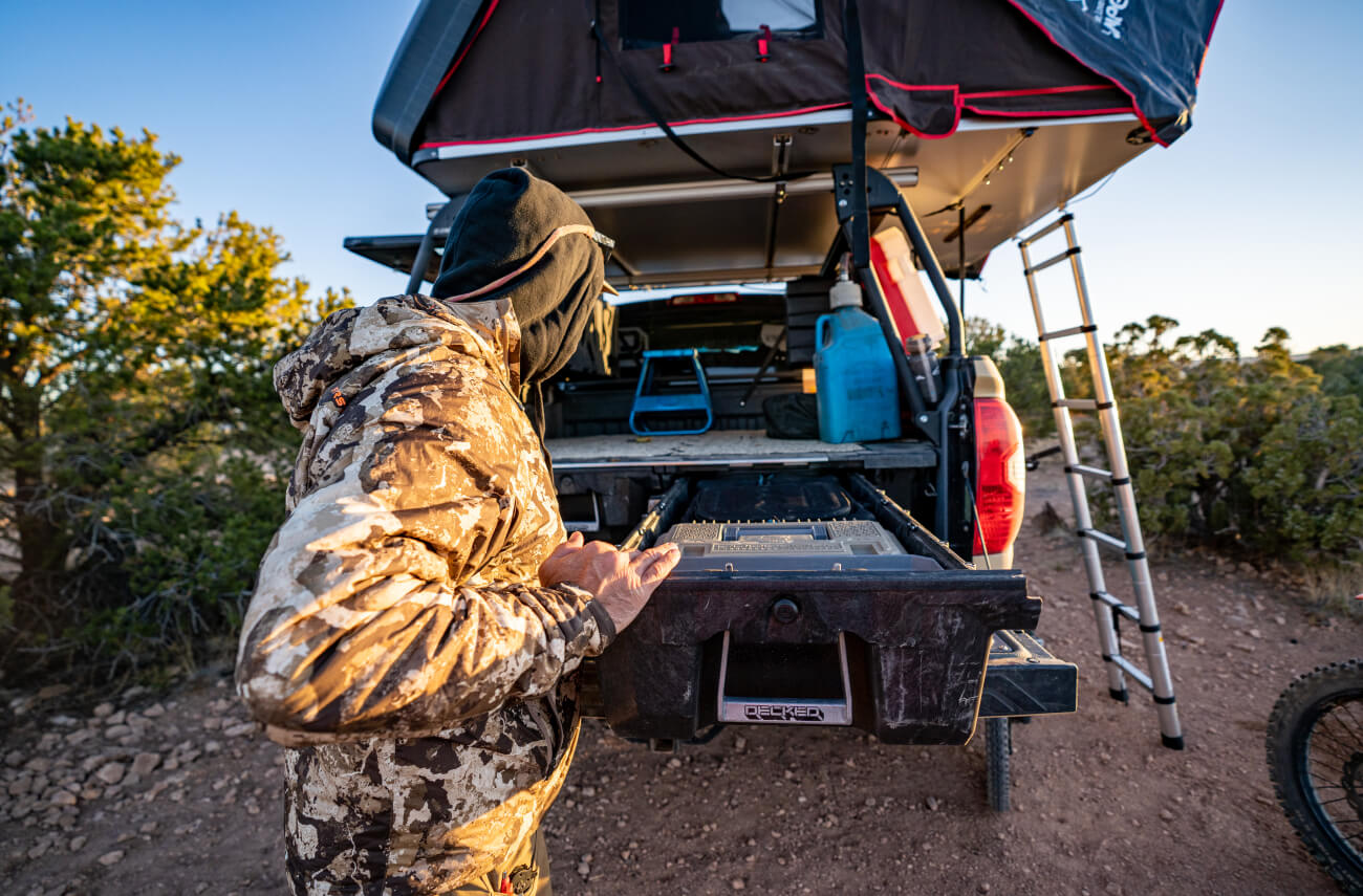 Drawer system used for gear storage when truck camping