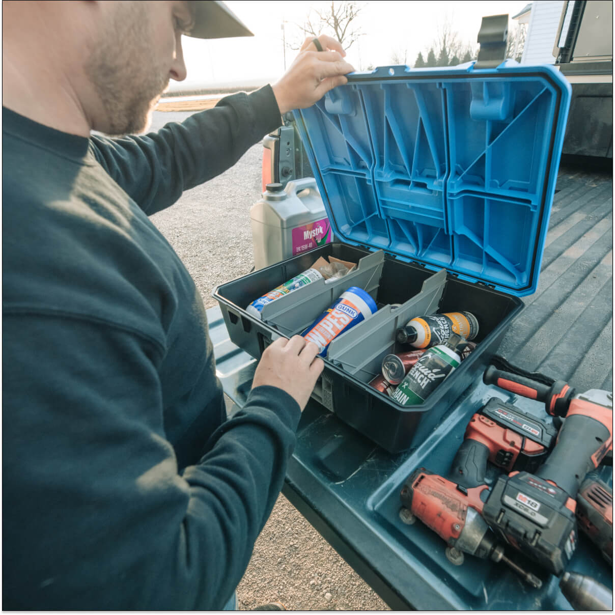 d-box open showing organization of power tools